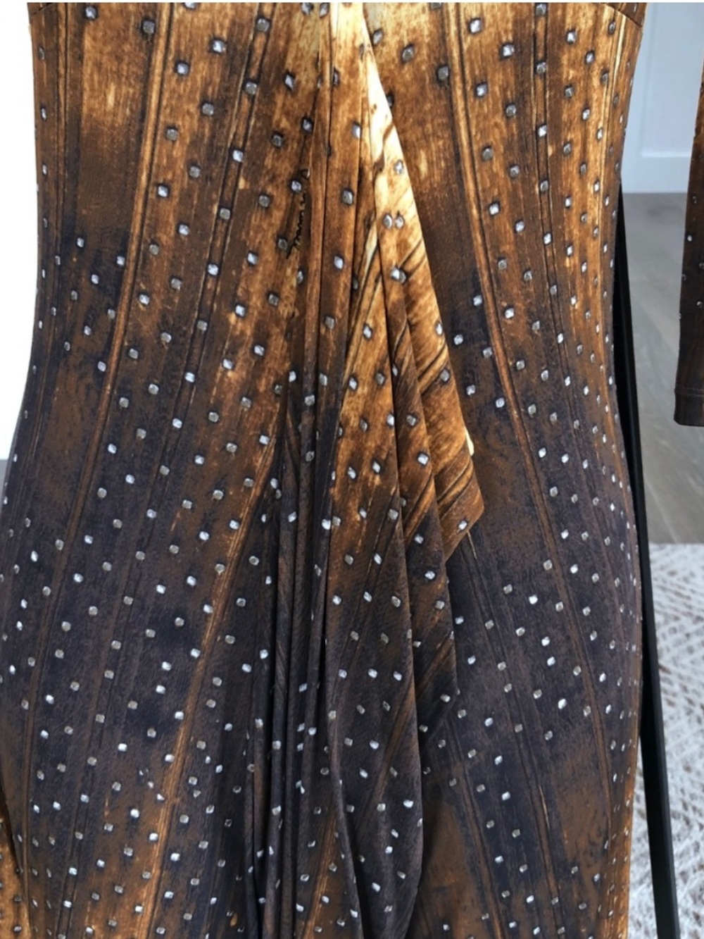 Just Cavalli Cream to Brown Ombre 3/4 Sleeve Dress with Rhinestone Accents - Picture 2 of 10